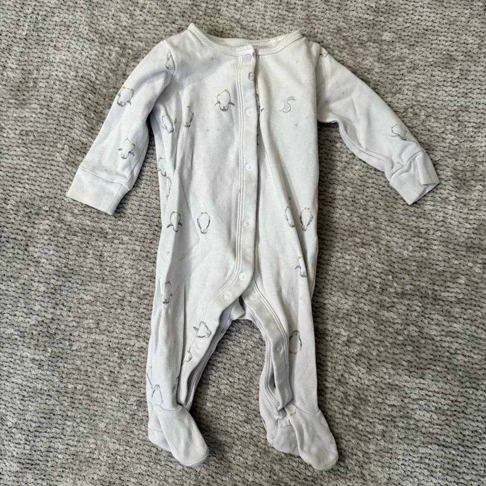 Joules Baby Penguin‎ Print Footed Sleeper White Cotton 0–3M Long Sleeve